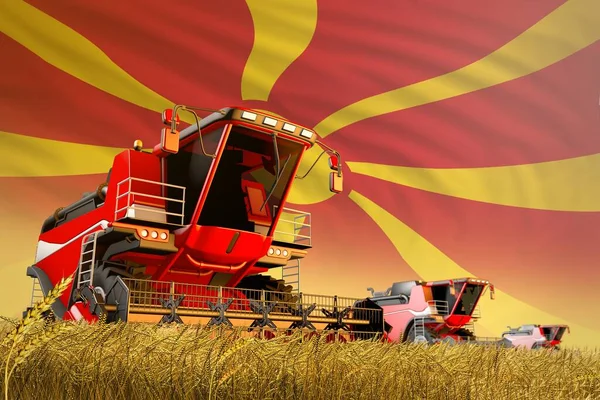 Landbouwmaaidorser Werkend Graanveld Met Macedonische Vlag Achtergrond Voedselproductie Concept Industriële — Stockfoto