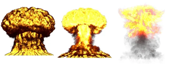 3个高度详细的 不同阶段的蘑菇云雾核炸弹爆炸与烟雾和火焰隔离在白色三维爆炸图解中 — 图库照片