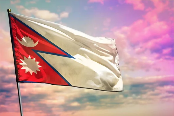 Wisząca Flaga Nepalu Kolorowym Tle Nieba Koncepcja Dobrobytu Nepalu — Zdjęcie stockowe