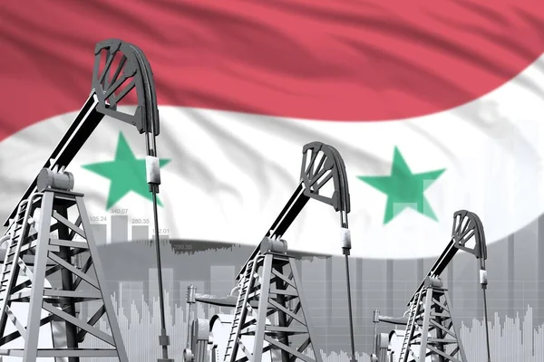 Syrian Arab Republic oil and petrol industry concept, industrial illustration on Syrian Arab Republic flag background. 3D Illustration