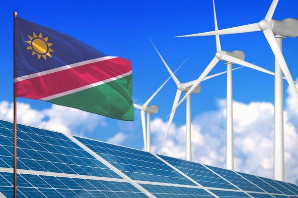 Namibia solar and wind energy, renewable energy concept with windmills - renewable energy against global warming - industrial illustration, 3D illustration