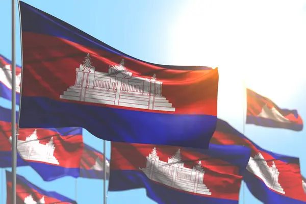 美丽的柬埔寨国旗在蓝天的映衬下飘扬 焦点柔和 任何假日旗帜3D插图 — 图库照片