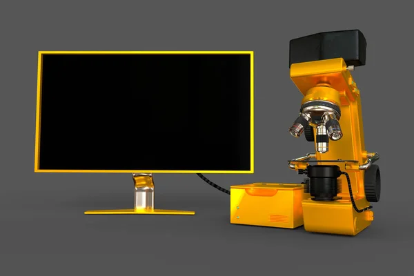Microscópio Laboratório Amarelo Bloco Sistema Exibição Vazia Isolado Ilustração Realista — Fotografia de Stock