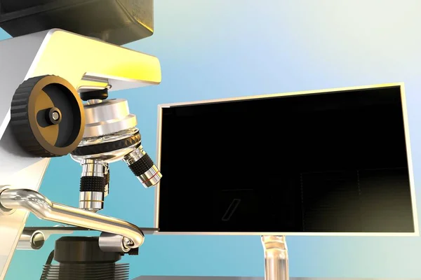 biotechnology work concept, lab modern microscope and monitor with blank space for your content on gradient background - object 3D illustration
