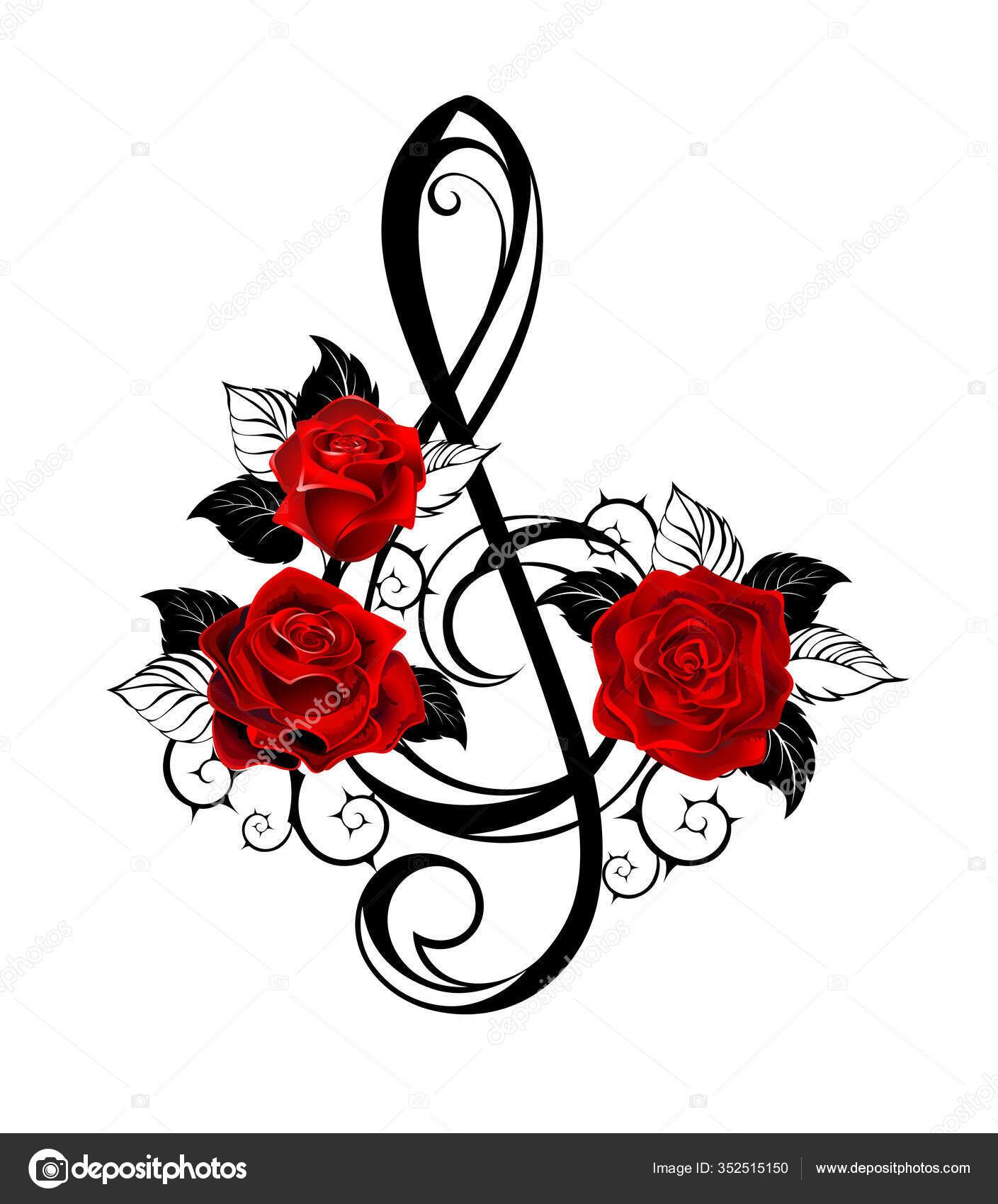 Sort Omrids Musikalsk Nøgle Med Realistiske Røde Roser Med Sorte  Stockvektor af ©blackmoon979 352515150, image size:1409x1700