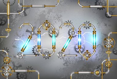 Gri endüstriyel arka planda yıldırımlar bulunan Led Lambaları 'nın 220. yılı. Steampunk tarzı.