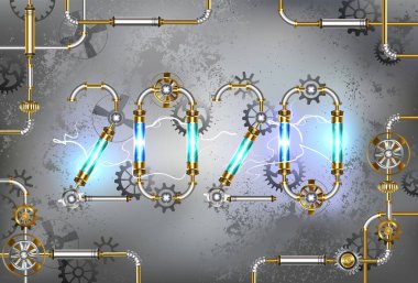 Number two thousand and twentieth year of LED lamps with lightnings on gray industrial background. Steampunk style. clipart