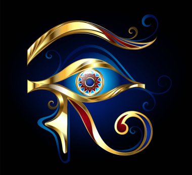 Tılsımlı altın Horus 'un Gözü, koyu mavi arka planda kırmızı ve mavi diş minesiyle süslenmiş..