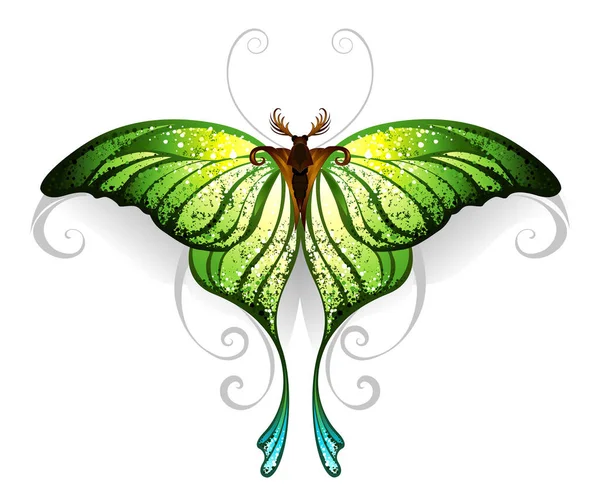 Green Realistic Exotic Butterfly White Background Tattoo Style Greenery Trendy — Stock Vector