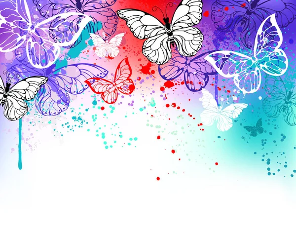 Papillons Volants Sur Fond Contour Teinté Rouge Violet Turquoise Aquarelle — Image vectorielle