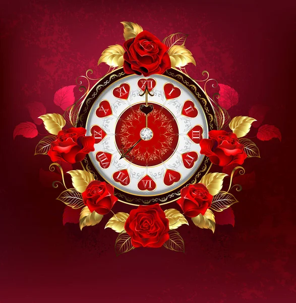 Oro Relojes Joyería Joyas Con Rosas Rojas Hojas Doradas Sobre — Vector de stock