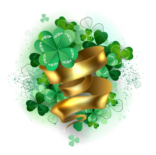 Green Clover Four Leaves Gold Ribbon White Background Patrick Day — Stock Vector