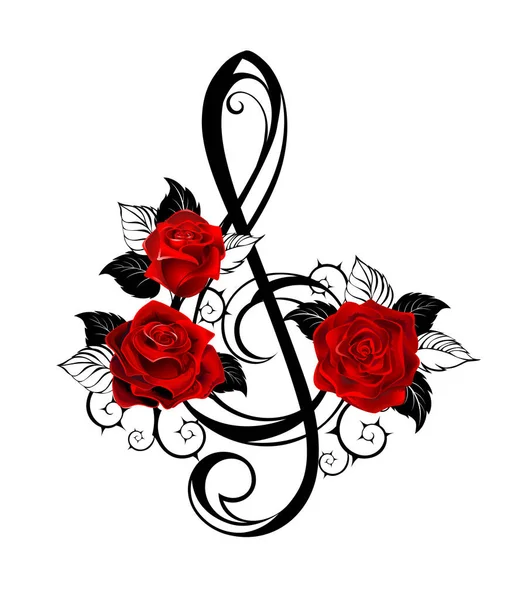 黒い輪郭 白い背景に黒い葉を持つ現実的な赤いバラと音楽の鍵 — ストックベクタ