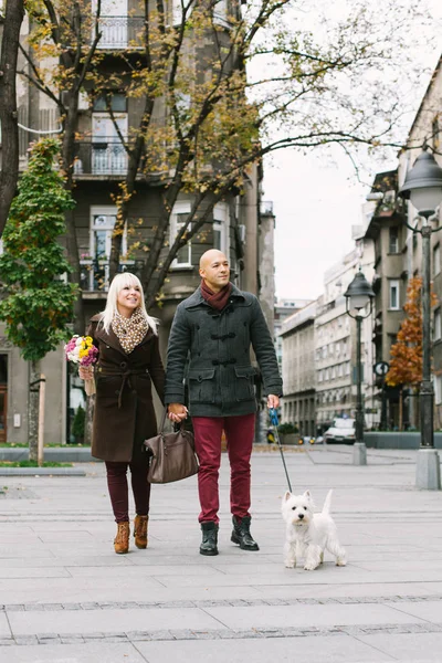 Mutlu çift şehir sokak köpek ile yürüyüş