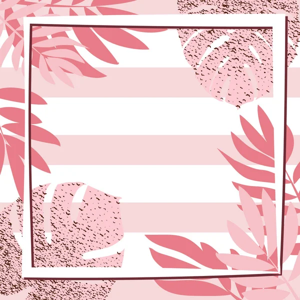 Feuilles tropicales roses avec cadre. Fond rayé — Image vectorielle