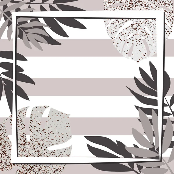 Silberne tropische Blätter mit Rahmen. gestreifter Hintergrund — Stockvektor