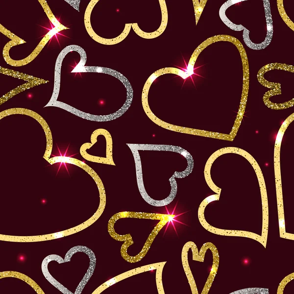 Золотые и серебряные сердца на темно-красном фоне — стоковый вектор