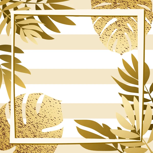 Goldene tropische Blätter mit Rahmen. gestreifter Hintergrund — Stockvektor