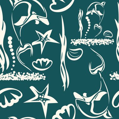 Deniz desen. Koyu arka plan üzerinde izole vektör okyanus yaratıklar
