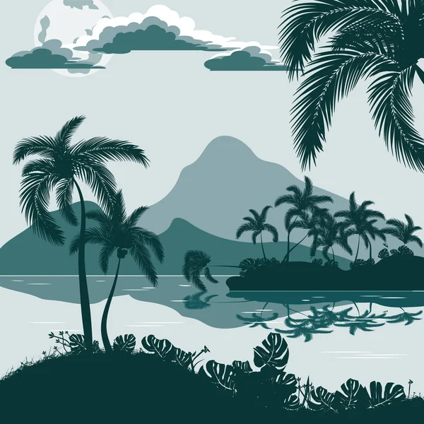 Paisaje tropical, vista desde la orilla con palmeras y plantas, isla y montañas en la distancia . — Archivo Imágenes Vectoriales