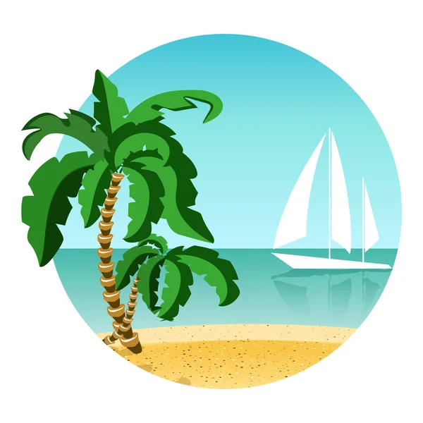 Кругла картина літніх канікул на острові з яхтою. Подорож літній час. Пальма, пісок і океан — стоковий вектор