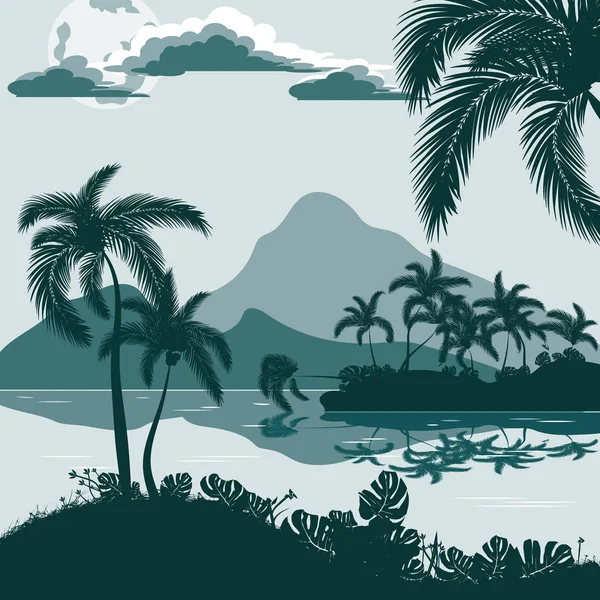 Paysage tropical, vue depuis le rivage avec palmiers et plantes, île et montagnes au loin . — Image vectorielle