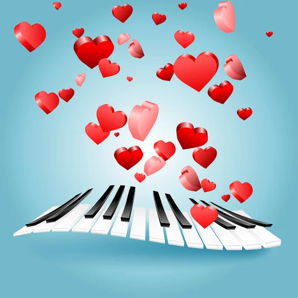 圣瓦伦丁的爱卡心与钢琴键。爱音乐. — 图库照片