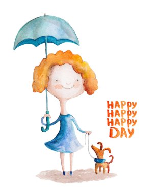 köpek ve şemsiye ile şirin kız