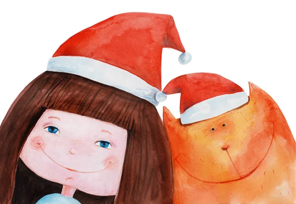 Ragazza e gatto in cappelli di Babbo Natale — Foto Stock