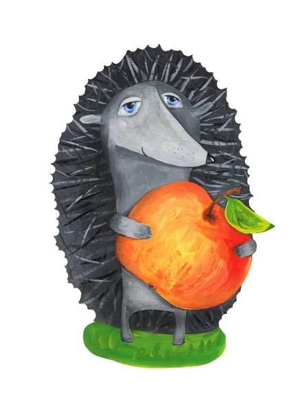 Bystry Jeż z jabłkiem — Zdjęcie stockowe