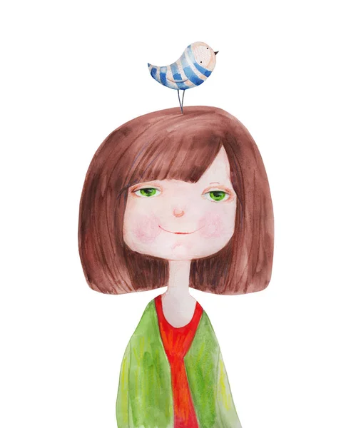 Roztomilá dívka s pták sedí na hlavě — Stock fotografie