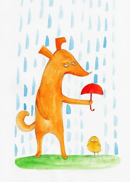 かわいい手描きの犬とひよこ — ストック写真