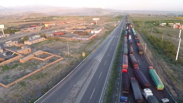 Traffic jam of trucks on the border countries — Stock Video