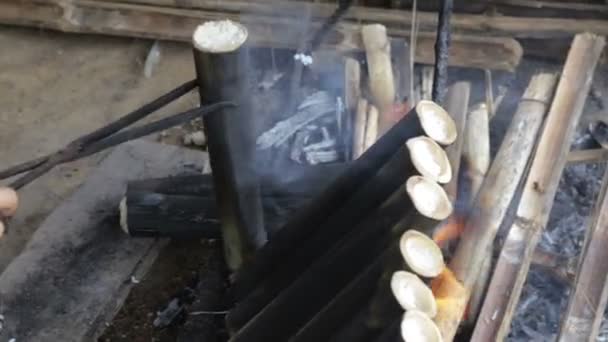 Cocinar la caña de azúcar sobre carbón vegetal — Vídeos de Stock