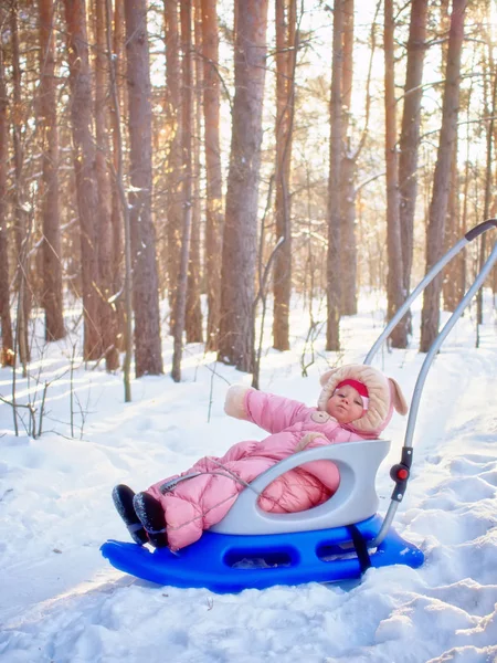 A menina feliz sorri sentada no trenó na neve — Fotografia de Stock