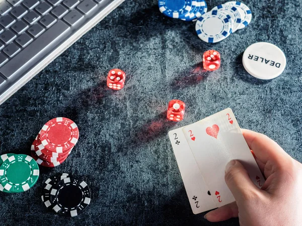 Set of poker chip or counter with card, dice computer.