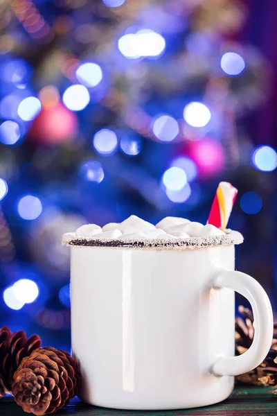 Enamel White Coffee Mug Cup of Cocoa Hot Drink Beverage with Marshmallow — Stock Photo, Image