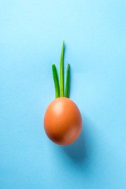 Yumurta kabuğu ve tüyler yeşil soğan imitasyon Fideler, mavi renkli arka plan kağıt üzerinde ananas meyve, yüzünde, Iroquois saç bırakır. Gıda kavramı en az