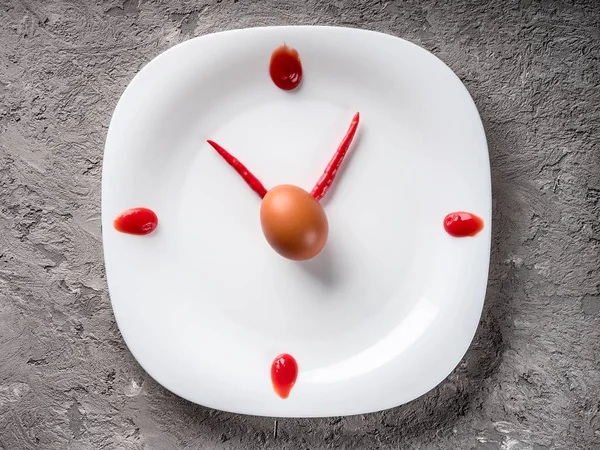 Hot chilli pepper on white plate with decor ketchup egg concept idea imitation clock time meal breakfast lunch snack dinner