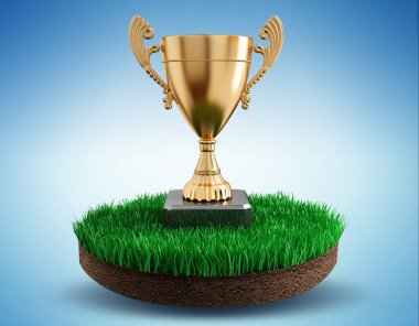 Gold Kupası kazanan kupa çim - 3d render şekil bir adada