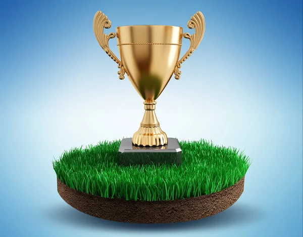 Gold cup winner trophy on an island of grass - 3d render illustration — Stock Photo, Image
