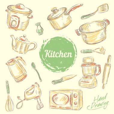 El mutfak mutfak eşyaları koleksiyonu çizin. Vektör çizim.