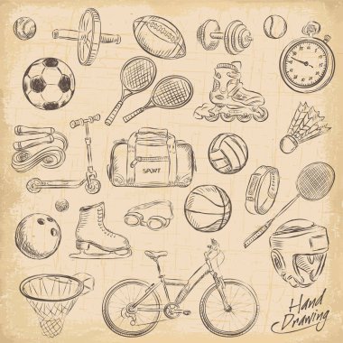 Spor kroki donatımı. Doodle koleksiyonu çizim, izole. Vektör