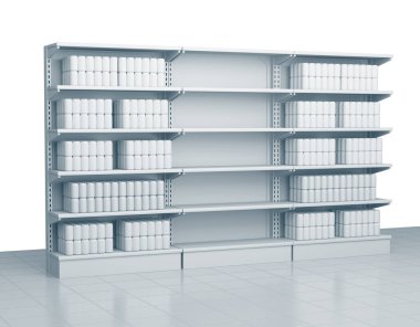 Süpermarkette boş raflar. Bakış açısına göre bir sürü eşyası olan raflar. 3B görüntüleme