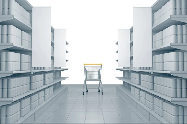 Prateleiras Vazias Supermercado Prateleiras Com Muitos Bens Perspectiva Renderização — Fotografia de Stock