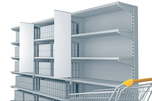 超市的货架都空了装着许多货物的弹壳 3D渲染 — 图库照片