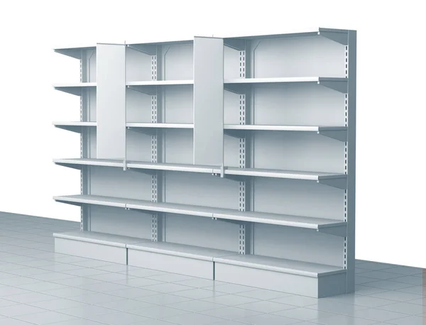 Empty Shelves Supermarket Shelves Many Goods Perspective Rendering — Stock Photo, Image