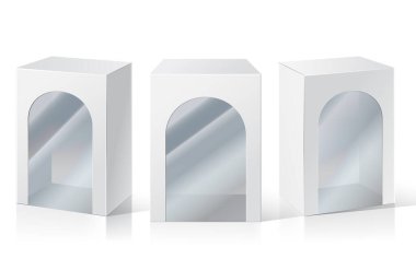 Şeffaf plastik pencereli Plastik Boş Paket Kutusu. Beyaz arka planda izole edilmiş bir resim. Tasarımına hazırım. Ürün Toplama Vektörü.