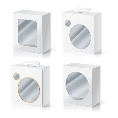 Şeffaf plastik pencereli Plastik Boş Paket Kutusu. Beyaz arka planda izole edilmiş bir resim. Tasarımına hazırım. Ürün Toplama Vektörü.