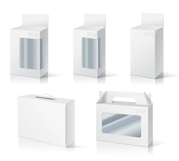 纸盒或塑料空白包装盒 有透明的塑料窗户 白色背景下的孤立说明 准备好你的设计 产品包装矢量 — 图库矢量图片